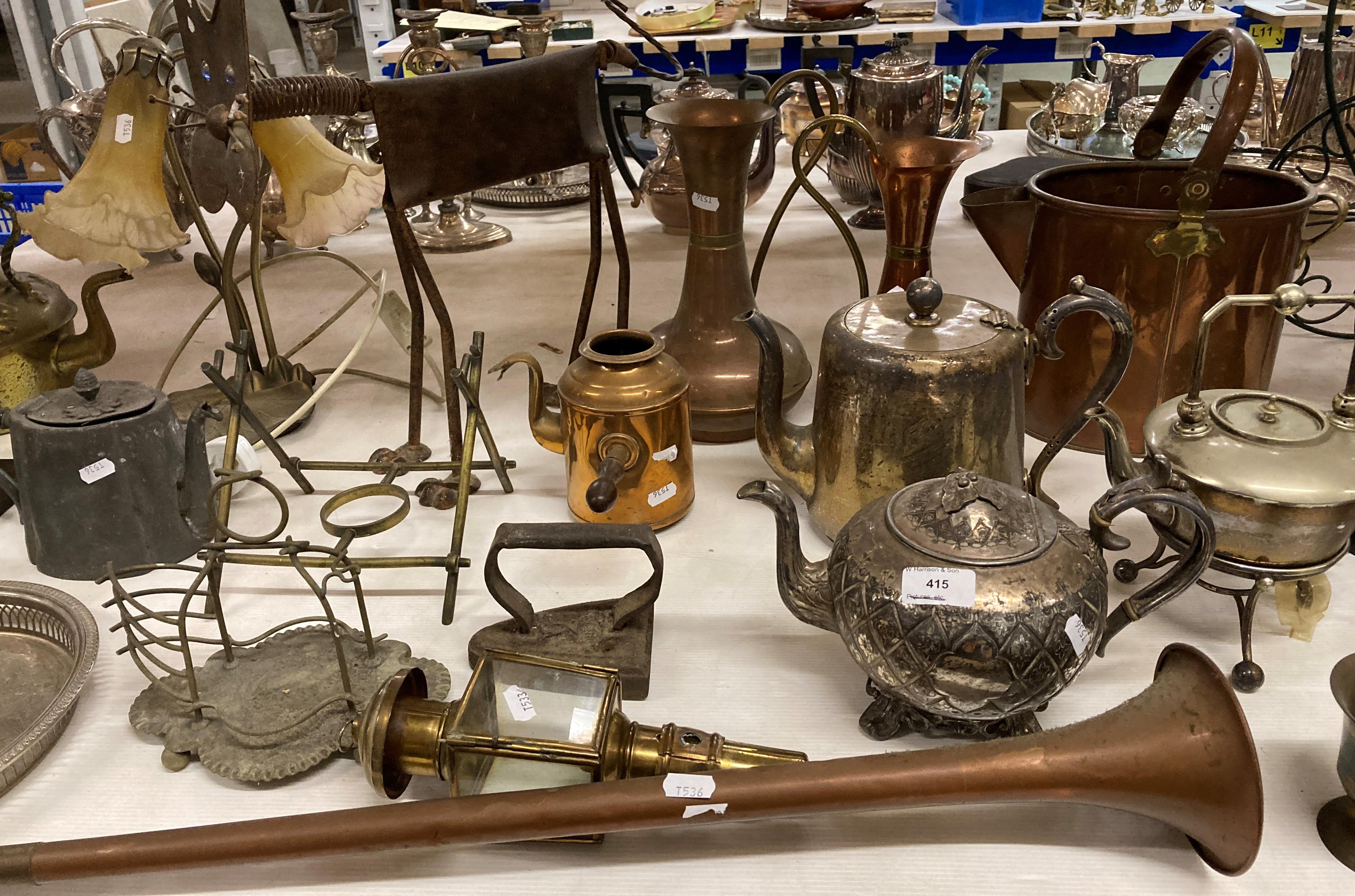 Contents to rack - a large quantity of metalware including copper can, brass blow torches, teapot, - Image 3 of 7