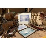 Two wood models of ships and nine framed prints of ships (11) (CWH Ref: S1 QA02)