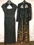 Two black full length dresses; Travona polyester flower decorated with tie,