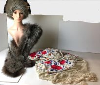 Three items faux fur stole and M&S hat, and large lace-trimmed embroidered shawl.