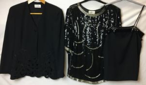 Three ladies evening garments; Condici black jacket with cut-out and black beading,
