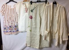Four garments; Nicole Farhi embroidered white trousers and silk jacket size 12/14,