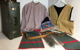 Seven items - Green fibre Fleetline suitcase 51 x 34 x 17cm containing beige corduroy waistcoat