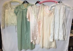 Five garments; antique child's night dress 77cm long, pink lace-trimmed negligee size M,