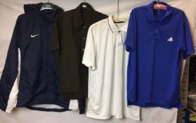Four men's garments; Nike Dri-Fit blue and white jacket size L, Cavallino brown and green shirt,