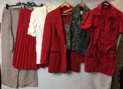 Six ladies garments; three Escada - red wool jacket, cream top, and red pleated wool skirt size 36,