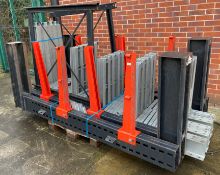 Black and red 3-shelf 2-bay pallet storage racking; comprising 4 x uprights,