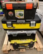 4 x plastic tool boxes and contents, to include hand tools, dog & horse care products, oil stone,