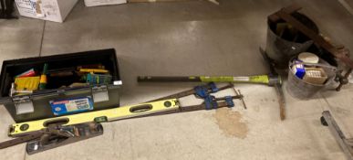 Contents to under rack; tool box & contents - hammers, saws, blades etc, Stanley plane, pick axe,