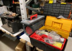 8 x plastic tool boxes and contents; hand tools, leather punches, rotary tool,