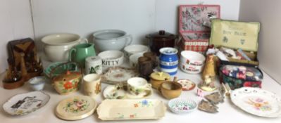 Forty-two items including Denby brown with blue inside casserole 18cm diameter,