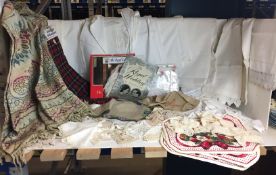 Household linen including twenty table/tray cloths, bed linen,