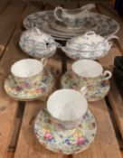 Three Radfords Crown china tea cups and six saucers, two vintage meat plates,