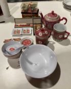 Chinese tea pot, two cups, chopsticks,