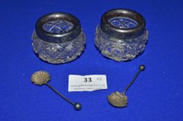 Pair of Glass Salts with Hallmarked Silver Collars and Spoons - collars Birmingham 1924, spoons