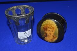Papier Mache Powder Box and Beaker with EPNS Decorative Rim
