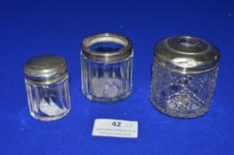 2x Silver Topped Hair Tidies, and a Silver Lidded Glass Jar (AF)