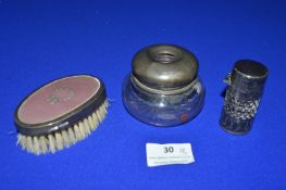 Silver Cased Glass Lined Scent Bottle plus Silver Mounted Dressing Brush and Hair Tidy