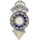A CENTAUR CYCLES enamel advertising sign, formed as the Centaur crest, dated 1876, white ground with