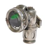 A Powell and Hanmer Birmingham carbide/acetylene bicycle lamp, inset with faceted red and green