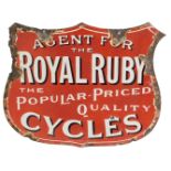 A ROYAL RUBY CYCLES enamel shield advertising sign, AGENT FOR THE ROYAL RUBY THE POPULAR-PRICES