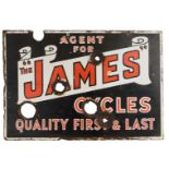THE JAMES CYCLES enamel advertising sign, AGENT FOR THE JAMES CYCLES QUALITY FIRST & LAST, black