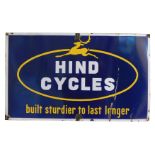A HIND CYCLES enamel advertising sign, built sturdier to last longer, blue ground with white and