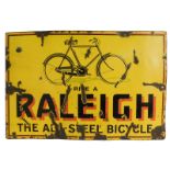 A RALEIGH enamel advertising sign, RIDE A RALEIGH THE ALL-STEEL BICYCLE, yellow ground with black