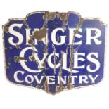 A SINGER CYCLES COVENTRY enamel shield advertising sign, blue ground with white lettering, 26cm x