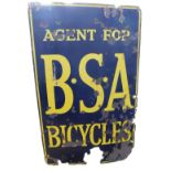 A B.S.A CYCLES enamel advertising sign, AGENT FOR, blue ground with yellow lettering, 111cm x