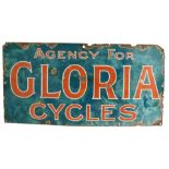 A GLORIA CYCLES enamel advertising sign, AGENCY FOR, teal ground with red and white highlighted