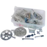 Bicycle parts, including Shimano hub set, Raleigh crank set, wheel hubs, pedals, etc. (1 box)