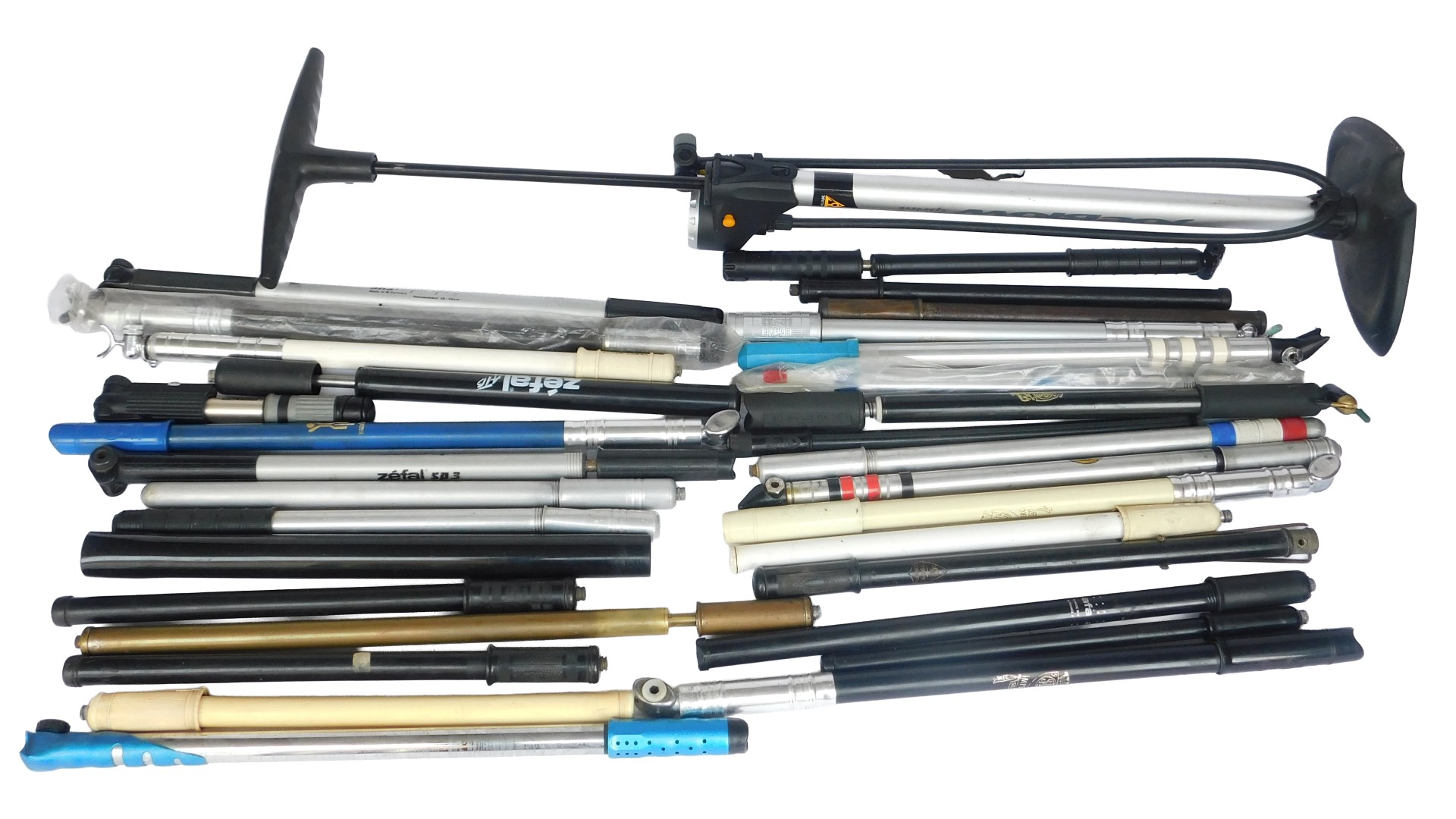 Various bicycle pumps, including Joe Blow Sprinter pump, bike pump, Zefal bike pumps, etc. (a