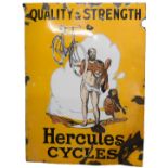 A Hercules CYCLES QUALITY & STRENGTH enamel advertising sign, orange ground, 122cm x 91cm. (AF)