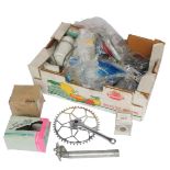 Various bicycle parts, including crank, Shimano grip shift, lug pedal, various cables, Campagnolo