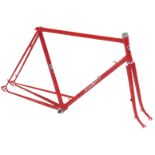 An Eddie Soens Cycles Soen Sport bicycle frame and fork set, with shaped lugs, red with Liver bird