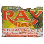 A RAY CYCLES enamel advertising sign, MANUFACTURED BY W.H. RAVEN & CO LTD, CASTLE WORKS, NOTTINGHAM,