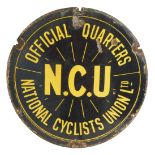 A NATIONAL CYCLES UNION LTD circular enamel advertising sign, black ground with yellow lettering,