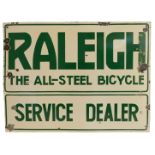 A RALEIGH enamel advertising sign, THE ALL-STEEL BICYCLE SERVICE DEALER, cream ground with green
