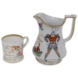 A late 19thC Elsmore & Forster Milestone puzzle jug, decorated with Grimaldi the clown, and cock