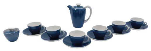 A Poole pottery two tone blue and white part coffee service, comprising coffee pot, seven cups,