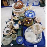 A group of ceramics and household items, including cookware, tureen, toast rack, ceramic butter dish