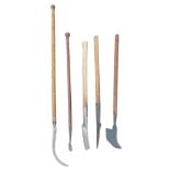Tools, including a Tyzack and Co Limited of Sheffield scythe, bill hook, bark spud, etc.