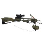 A Jaguar crossbow, with camouflage plastic body, integral quiver for four bolts, top rail mounted