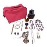 Various silver and other costume jewellery, rings, amethyst coloured beads, heavy gilt coloured