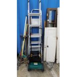 Various tools, hand tools, Reel mower, two folding step ladders, etc.
