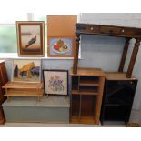 Various sundry furniture and effects, teak style side cabinet, wooden tabletop shelves,