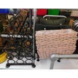 Various furniture items and effects, freestanding metal wine rack, hanging baskets, and a fishing