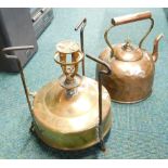 A mid-century Swedish Svea III brass camping stove, together with a large copper kettle, 30cm high.