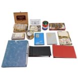 Various stamps, world used and others, loose stamps, some in albums, red, white and blue tin
